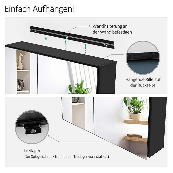 Emke Spiegelschrank Nexus - Aluminium, Schwarz - Schwarzer Spiegelschrank mit Wandhalterung und hängender Rille zur einfachen Montage. Inklusive vorinstalliertem Tretlager.