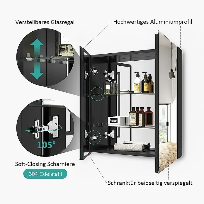 Emke Spiegelschrank Nexus - Aluminium, Schwarz - Schwarzer Badezimmerschrank mit verstellbaren Glasböden, Soft-Close-Scharnieren und beidseitig verspiegelten Türen.