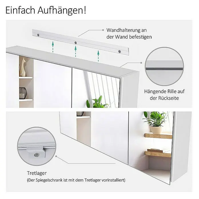 Emke Spiegelschrank Nexus - Aluminium, Weiß - Weiße Spiegelschrank-Installation mit Wandhalterung und Aufhängerille.