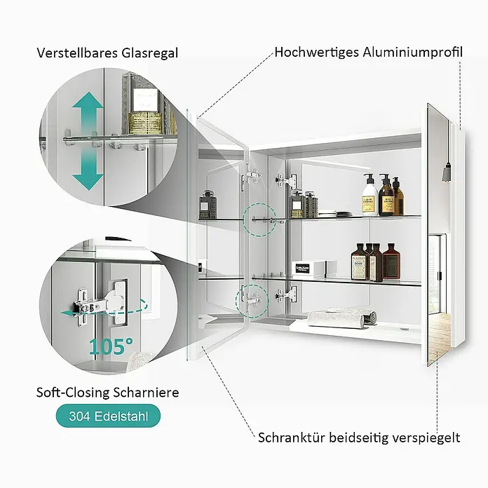 Emke Spiegelschrank Nexus - Aluminium, Weiß - Weißer Spiegelschrank mit verstellbaren Glasböden, Soft-Close-Scharnieren und beidseitig verspiegelten Türen aus Aluminium.