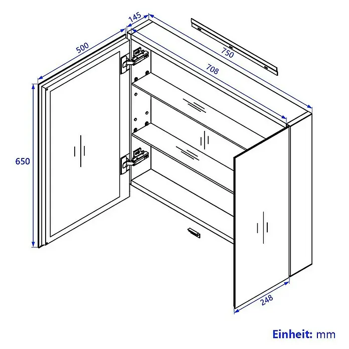 Emke Spiegelschrank Nexus - Aluminium, Weiß - Strichzeichnung eines Spiegelschranks mit drei Spiegeltüren und Innenablagen, Maße angegeben.