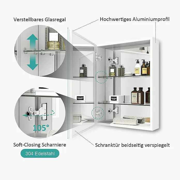 Emke Spiegelschrank Nexus - B x H: 50 x 65 cm, Aluminium, Weiß