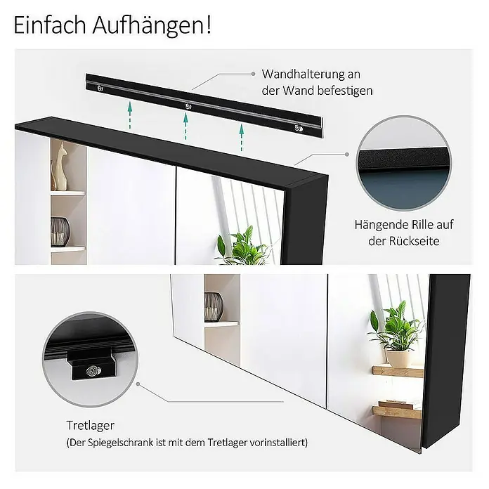 Emke Spiegelschrank Nexus - Aluminium, Schwarz - Schwarzer Spiegelschrank mit Wandmontageanleitung: Wandhalterung, Aufhängeschiene und vorinstallierte Halterung.