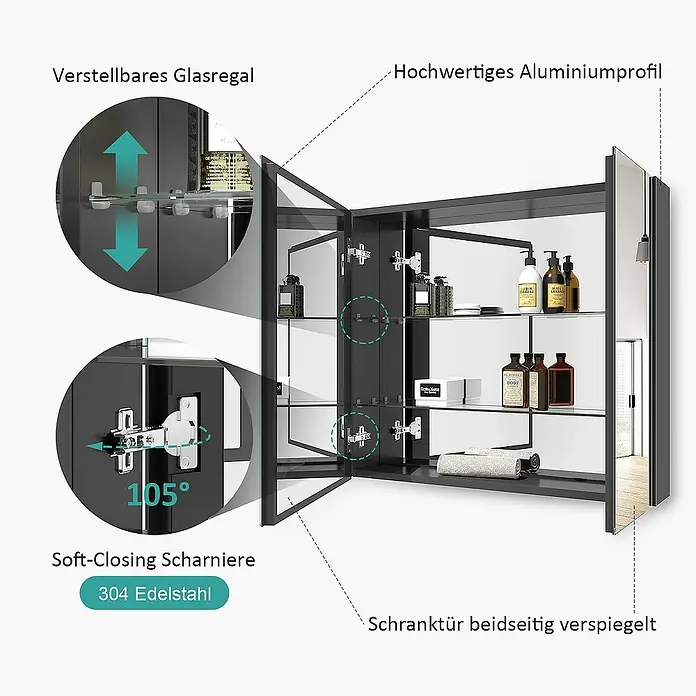 Emke Spiegelschrank Nexus - Aluminium, Schwarz - Dunkler Spiegelschrank mit hochwertigem Aluminiumprofil, verstellbaren Glasböden und beidseitig verspiegelten Türen. Verfügt über 304 Edelstahl Soft-Closing Scharniere.