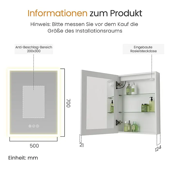 Emke LED-Spiegelschrank Auris - Aluminium, Silbrig - Weißer Badspiegelschrank mit LED-Beleuchtung, Antibeschlagfunktion und integrierter Rasiersteckdose. Maße angegeben.