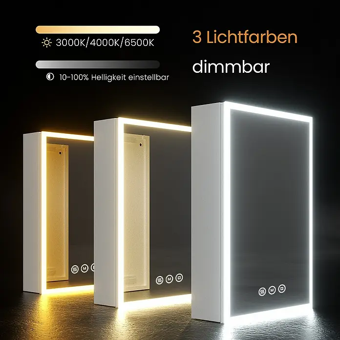 Emke LED-Spiegelschrank Auris - Aluminium, Silbrig - Spiegelschrank mit einstellbarer LED-Beleuchtung in drei Lichtfarben (warm, neutral, kaltweiß) und dimmbarer Helligkeit.