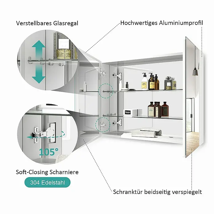 Emke Spiegelschrank Nexus - Aluminium, Weiß - Weißer Spiegelschrank aus Aluminium mit verstellbaren Glasböden, Soft-Close-Edelstahlscharnieren und beidseitig verspiegelten Türen.