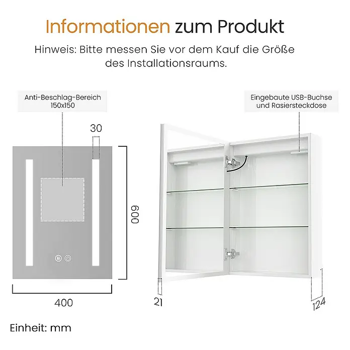 Emke LED-Spiegelschrank Lunia - B x H: 40 x 60 cm, Aluminium, Weiß