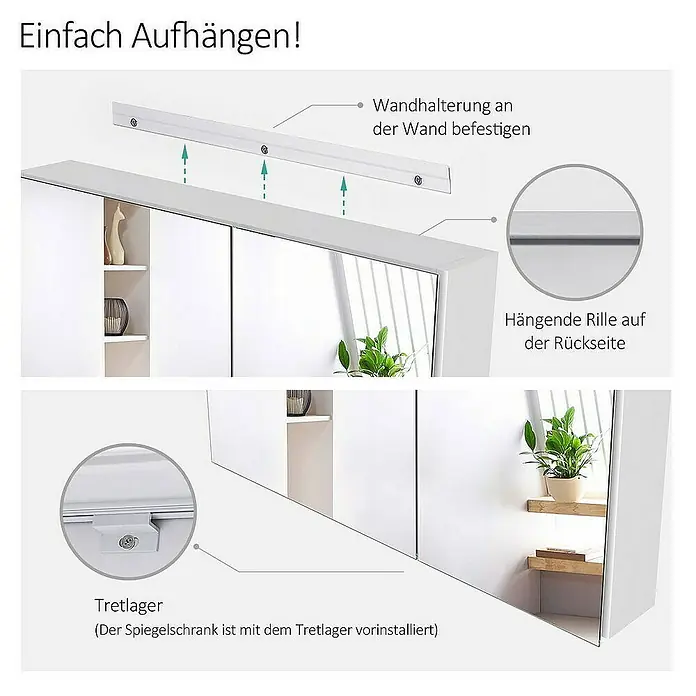 Emke Spiegelschrank Nexus - Aluminium, Weiß - Weiße Spiegelschrank-Installation: Zeigt Wandhalterung, hängende Rille und vorinstallierte Befestigung zur einfachen Wandmontage.