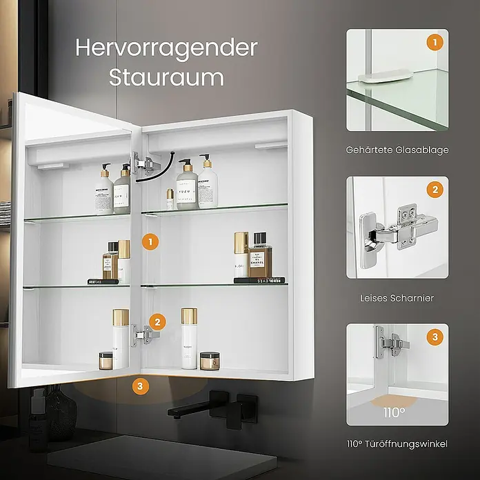 Emke LED-Spiegelschrank Lunia - B x H: 40 x 60 cm, Aluminium, Weiß