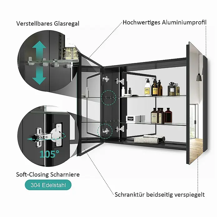 Emke Spiegelschrank Nexus - Aluminium, Schwarz - Schwarzer Aluminium-Spiegelschrank mit verstellbaren Glasregalen, 105° Soft-Close-Edelstahlscharnieren und beidseitig verspiegelten Türen.