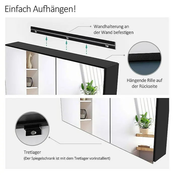 Emke Spiegelschrank Nexus - Aluminium, Schwarz - Installationsanleitung für Spiegelschrank: Wandhalterung, hängende Rille und vormontiertes Befestigungsteil.