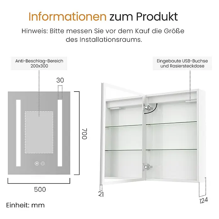Emke LED-Spiegelschrank Lunia - B x H: 50 x 70 cm, Aluminium, Weiß - Weißer beleuchteter Spiegelschrank mit Anti-Beschlag-Funktion, internen Ablagen, USB-Anschluss und Rasiersteckdose.