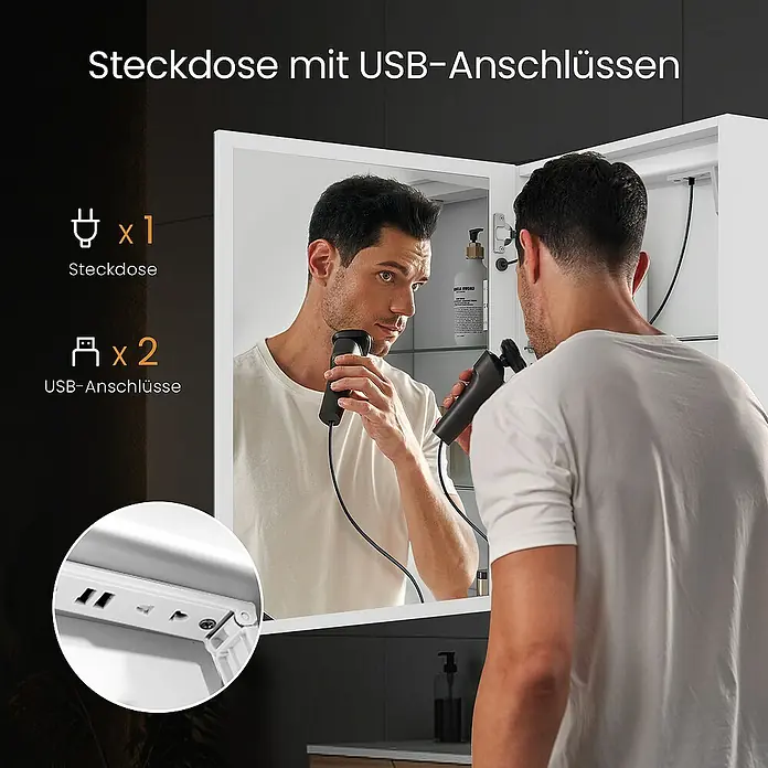 Emke LED-Spiegelschrank Lunia - B x H: 50 x 70 cm, Aluminium, Weiß - Mann rasiert sich mit Rasierer, der in weißen Spiegelschrank mit Steckdose und USB-Anschlüssen steckt.