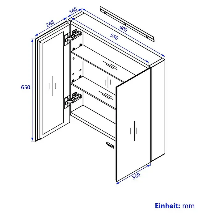 Emke Spiegelschrank Nexus - B x H: 60 x 65 cm, Aluminium, Weiß - Wandschrank mit zwei Türen, eine geöffnet mit zwei Einlegeböden, bemaßt dargestellt.