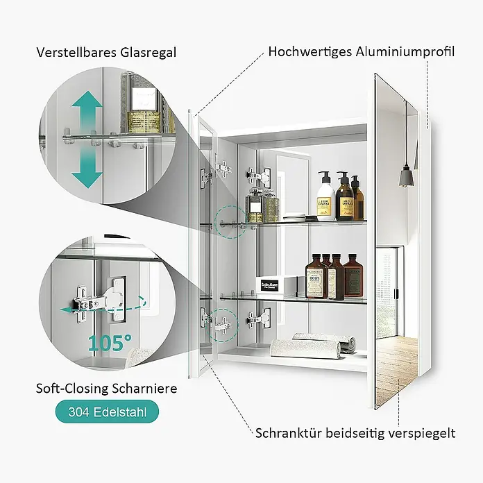 Emke Spiegelschrank Nexus - B x H: 60 x 65 cm, Aluminium, Weiß - Weißer Spiegelschrank mit verstellbaren Glasböden, Soft-Close-Edelstahlscharnieren und beidseitig verspiegelten Türen.