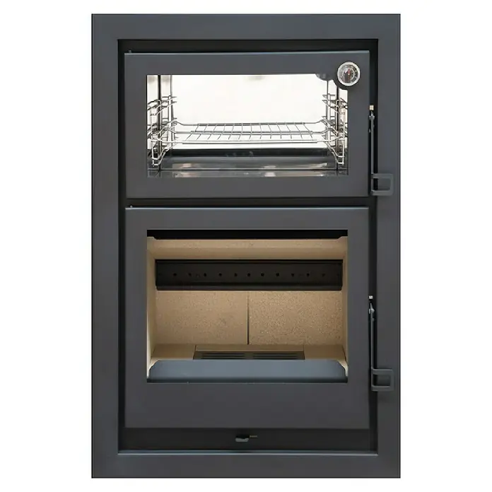 Invicta Estufa de leña Firenze - 7,4 kW, Volumen de calefacción: 270 m³, Antracita - En la imagen, una estufa de leña con una puerta de horno en la parte superior y una puerta de hogar en la parte inferior. Estufa para calefacción y cocina.