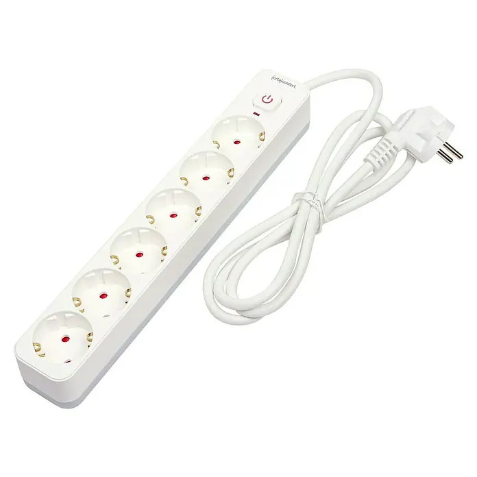Arte confort Base de enchufe múltiple - x 6, Blanco, 1,5 m, IP20, Con interruptor - Regleta blanca con cinco enchufes, interruptor y cable. Ideal para el uso flexible de aparatos eléctricos en el hogar o en la oficina.