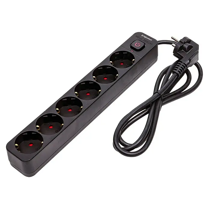 Arte confort Base de enchufe múltiple - x 6, Negro, Longitud del cable: 1,5 m, IP20, Con interruptor - Una regleta negra con cinco enchufes, un interruptor y un cable negro.