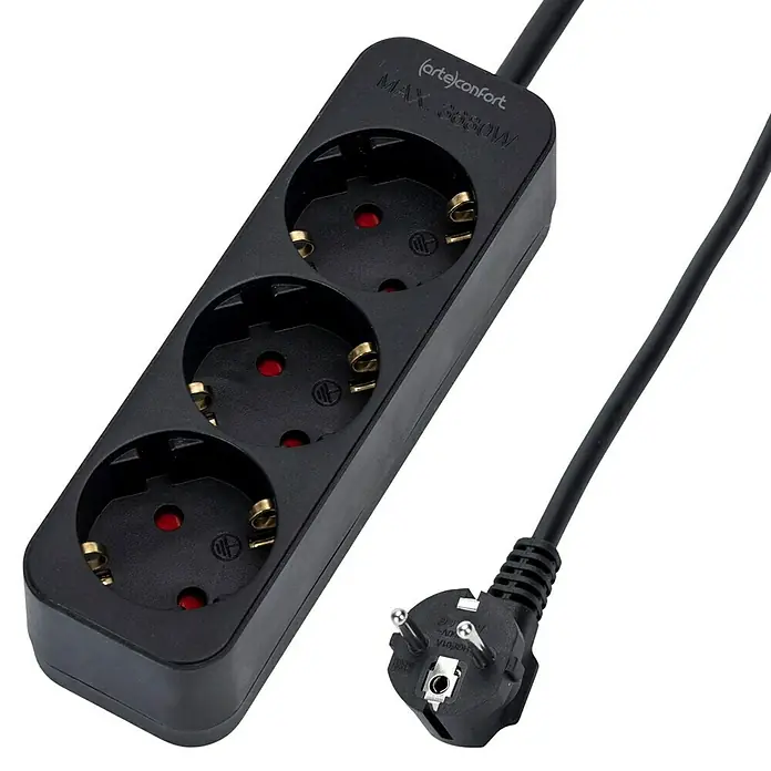 Arte confort Base de enchufe múltiple - x 3, Negro, Longitud del cable: 1,5 m, IP20, Sin interruptor - Regleta de tres enchufes con cable y enchufe, diseño negro. Ideal para uso en interiores con una potencia máxima de 3600W.