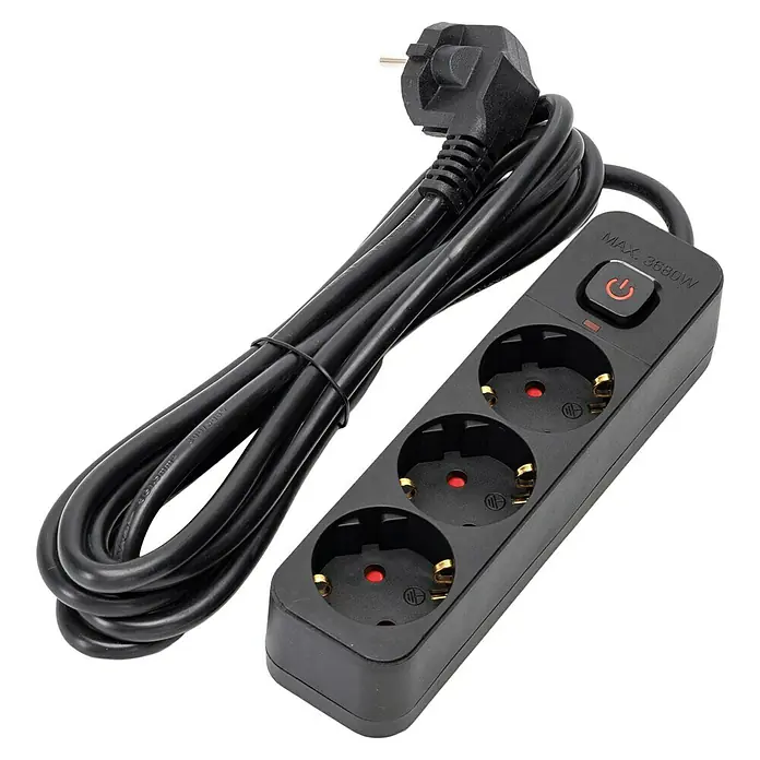 Arte confort Base de enchufe múltiple - x 3, Negro, Longitud del cable: 1,5 m, IP20, Con interruptor - Regleta negra con tres enchufes, cable de alimentación y enchufe. Perfecto para usar en la oficina o en casa.