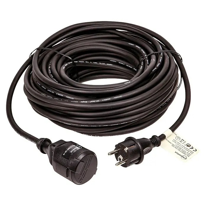Arte confort Alargo impermeable - 25 m, Negro, IP44, H05RR-F - Cable de extensión negro con enchufe y hembra, enrollado.