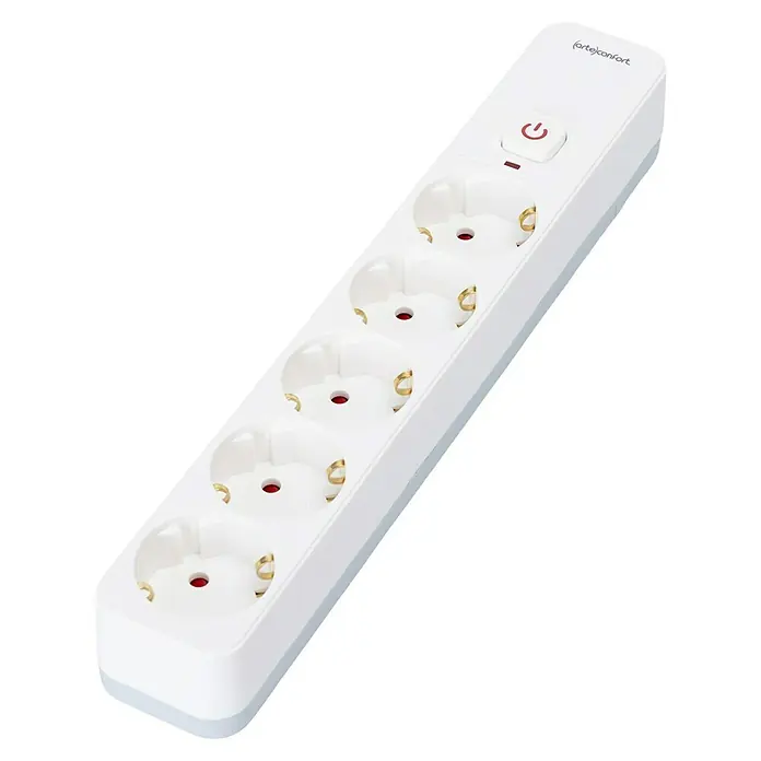 Arte confort Base de enchufe múltiple - x 5, Blanco, IP20, Con interruptor - Regleta blanca con cinco enchufes y un botón de encendido rojo. Perfecta para el hogar o la oficina.
