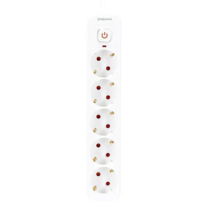 Arte confort Base de enchufe múltiple - x 5, Blanco, 1,5 m, IP20, Con interruptor - Regleta con cinco tomas de corriente y un interruptor rojo de encendido/apagado para el uso seguro de dispositivos electrónicos.