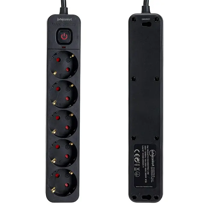 Arte confort Base de enchufe múltiple - x 5, Negro, Longitud del cable: 1,5 m, IP20, Con interruptor - Regleta de enchufes Arteconfort negra con cinco tomas e interruptor, perfecta para el hogar o la oficina.