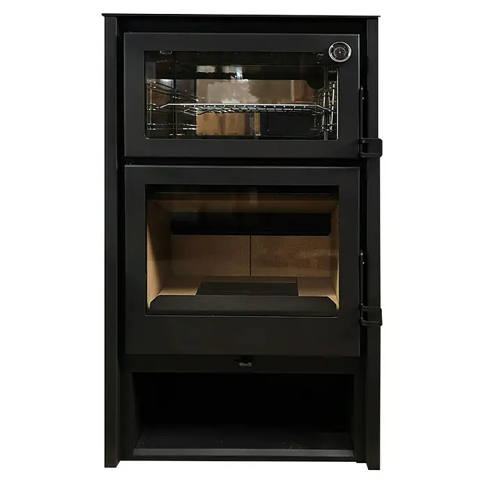 Invicta Estufa de leña Modena con Horno - 7,4 kW, Volumen de calefacción: 270 m³, Antracita - Cocina de leña negra con horno arriba y compartimento para leña abajo. Ideal para cocinar y hornear con leña.