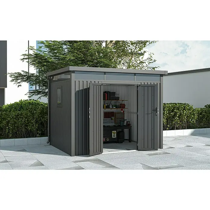 Gardol Gerätehaus Cubus Max - Außenmaß inkl. Dachüberstand (B x T): 294 x 230 cm, Stahl, Schwarz - Geräumiger Geräteschuppen mit geöffneten Doppeltüren, der Einblick auf Regale und Werkzeug bietet. Ideal zur Gartenaufbewahrung.