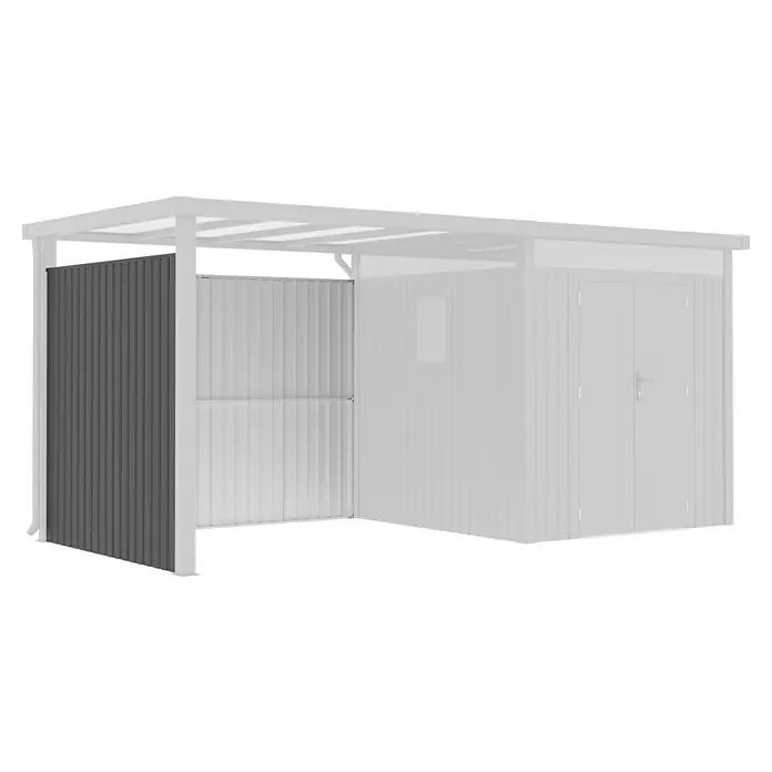Gardol Rück- & Seitenwand Cubus - Höhe: 190 cm, Passend für: Gardol Gerätehaus-Anbau Cubus & Cubus Max - Produktansicht eines Gerätehauses mit Anbau, die graue Seitenwand und Bauweise werden hervorgehoben.