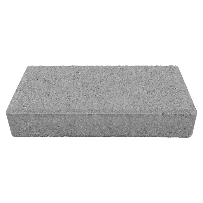 Christoph Mähstein Trapez - 24 x 10 x 4,2 cm, Silbergrau, Beton - Nahaufnahme eines einzelnen grauen Pflastersteins, der seine Textur und Form hervorhebt. Ideal für Bau- und Landschaftsgestaltungsprojekte.