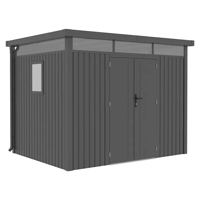 Gardol Gerätehaus Cubus Max - Außenmaß inkl. Dachüberstand (B x T): 294 x 230 cm, Stahl, Schwarz - Abbildung eines modernen Geräteschuppens mit Doppeltür, Fenster und Flachdach. Ideal für die Gartenaufbewahrung.