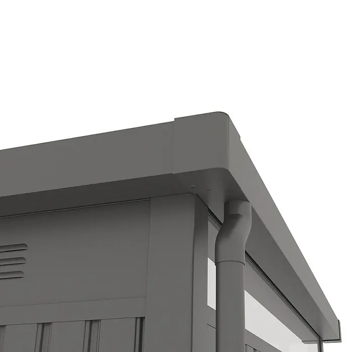 Gardol Gerätehaus Cubus Max - Außenmaß inkl. Dachüberstand (B x T): 294 x 230 cm, Stahl, Schwarz - Detailansicht eines modernen Gartenhauses mit Regenrinne und grauem Anstrich. Das Haus zeichnet sich durch seine klaren Linien aus.