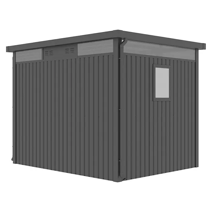 Gardol Gerätehaus Cubus Max - Außenmaß inkl. Dachüberstand (B x T): 294 x 230 cm, Stahl, Schwarz - Graue Gartenhütte mit vertikalen Brettern, einem Fenster und einem transparenten Oberlicht für zusätzlichen Lichteinfall im Innenraum.