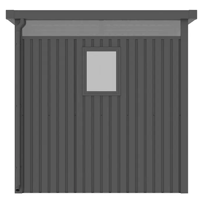 Gardol Gerätehaus Cubus Max - Außenmaß inkl. Dachüberstand (B x T): 294 x 230 cm, Stahl, Schwarz - Ansicht eines grauen Gartenhauses mit Fenster und Dachrinne, dargestellt in einer klaren, technischen Illustration.