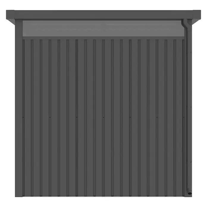 Gardol Rück- & Seitenwand Cubus - Höhe: 190 cm, Passend für: Gardol Gerätehaus-Anbau Cubus & Cubus Max - Ansicht eines modernen Gerätehauses mit grauer Metallverkleidung und integrierter Regenrinne. Praktische und stilvolle Lösung für den Garten.