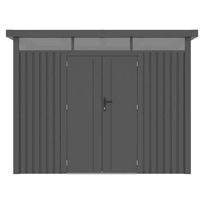 Gardol Gerätehaus Cubus Max - Außenmaß inkl. Dachüberstand (B x T): 294 x 230 cm, Stahl, Schwarz - Bild eines grauen Metall-Gartenschuppens mit Doppeltür und Oberlichtern, ideal für die Aufbewahrung im Freien.