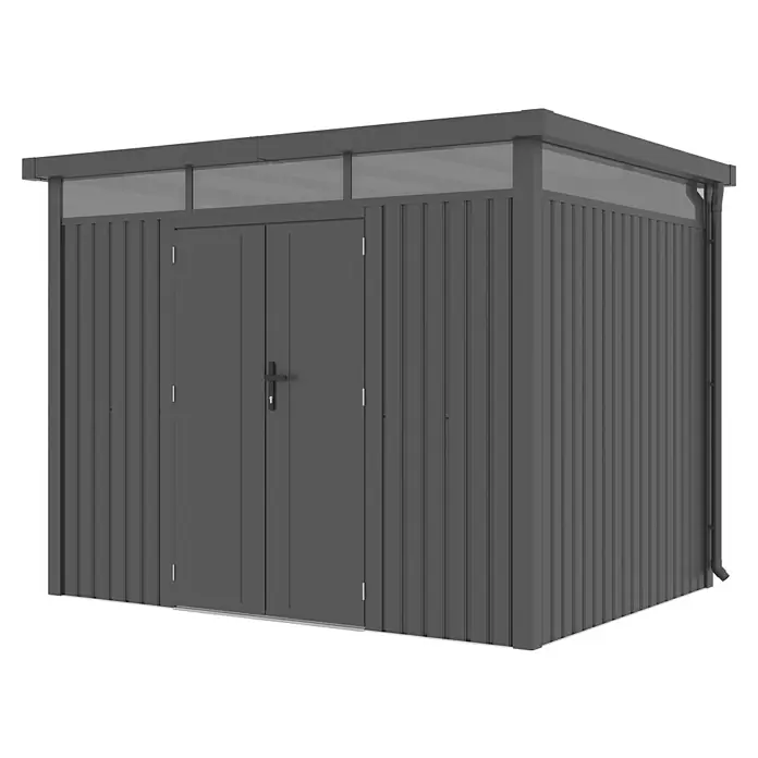 Gardol Gerätehaus Cubus Max - Außenmaß inkl. Dachüberstand (B x T): 294 x 230 cm, Stahl, Schwarz - Eine moderne, graue Metallgartenhütte mit Doppeltür und Oberlicht für zusätzlichen Stauraum im Außenbereich.