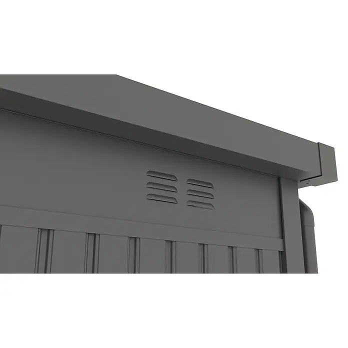 Gardol Gerätehaus Cubus Max - Außenmaß inkl. Dachüberstand (B x T): 294 x 230 cm, Stahl, Schwarz - Detailansicht eines grauen Gerätehauses mit Lüftungsschlitzen, das für gute Luftzirkulation sorgt und Feuchtigkeit vermeidet.