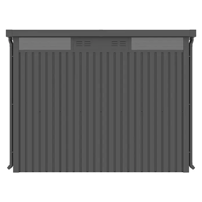 Gardol Gerätehaus Cubus Max - Außenmaß inkl. Dachüberstand (B x T): 294 x 230 cm, Stahl, Schwarz - Ansicht eines Gerätehauses mit vertikalen Paneelen, Oberlichtern und Regenrinnen, ideal zur Gartenaufbewahrung.