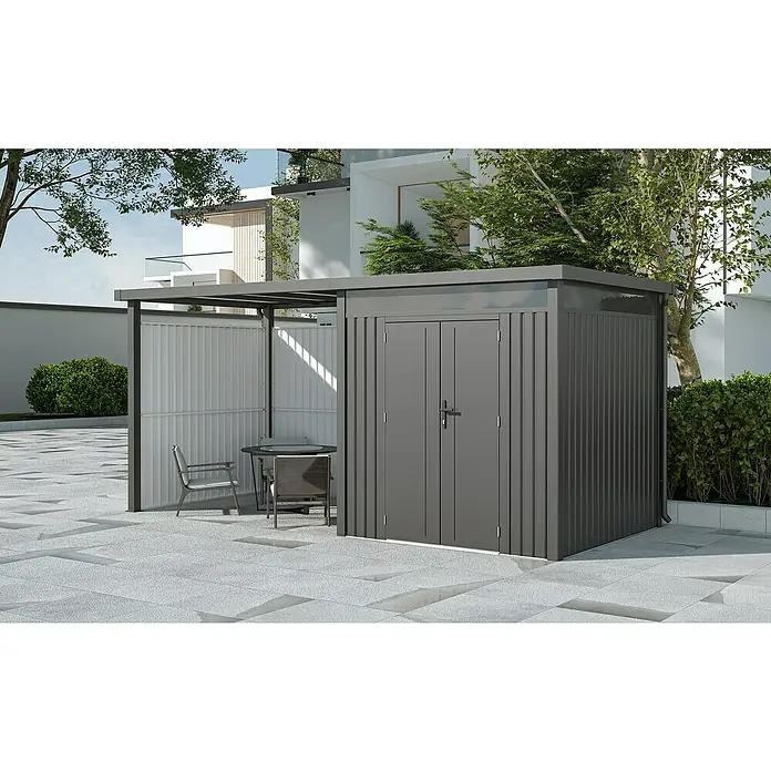 Gardol Rück- & Seitenwand Cubus - Höhe: 190 cm, Passend für: Gardol Gerätehaus-Anbau Cubus & Cubus Max - Geräumiger Geräteschuppen mit Unterstand für Gartenmöbel auf gepflastertem Hof mit Büschen und Bäumen.