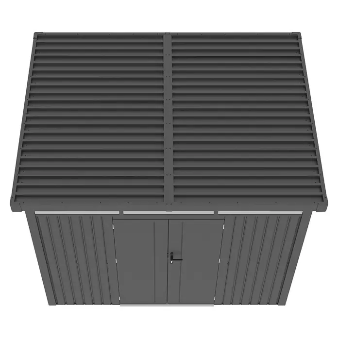 Gardol Gerätehaus Cubus Max - Außenmaß inkl. Dachüberstand (B x T): 294 x 230 cm, Stahl, Schwarz - Nahaufnahme eines grauen Metallschuppens mit Doppeltür und gewelltem Metalldach.