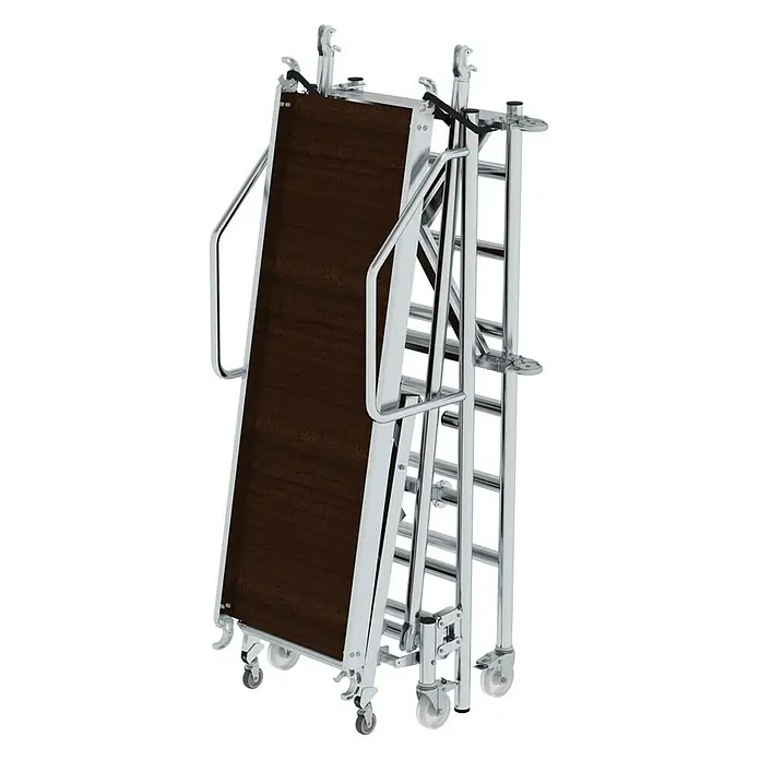 Proregal Montagegerüst mit Treppenzustieg -  - Geklappter Servierwagen mit Chromgestell und dunklen Holzplatten auf Rollen.