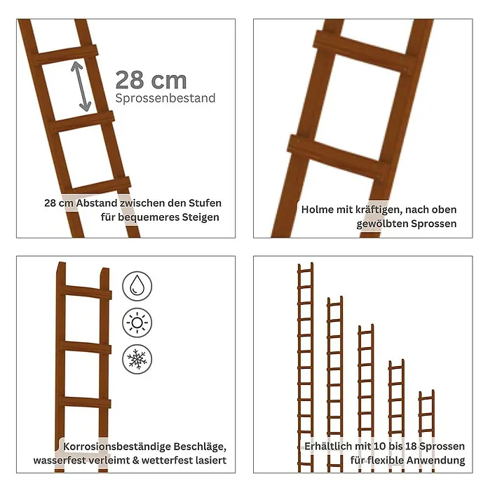 Proregal Dachleiter mit 12 Sprossen - Anzahl Tritte: 12 Stk., Holz - Braune Holzleiter, wetterfest, erhältlich in verschiedenen Längen (10-18 Sprossen).
