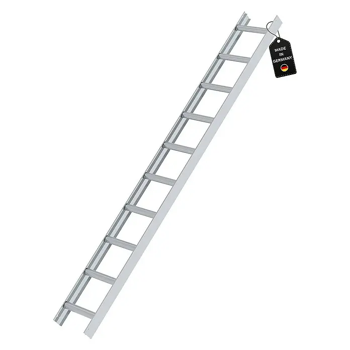 Proregal Dachleiter mit 10 Sprossen - Anzahl Tritte: 10 Stk., Belastbarkeit: 150 kg, Aluminium - Silberne Aluminiumleiter mit einem 'Made in Germany'-Etikett.