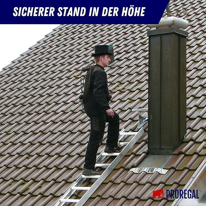Proregal Dachleiter mit 10 Sprossen - Anzahl Tritte: 10 Stk., Belastbarkeit: 150 kg, Aluminium - Silberne Aluminium-Dachleiter auf Ziegeldach, von Schornsteinfeger für sicheren Aufstieg genutzt.