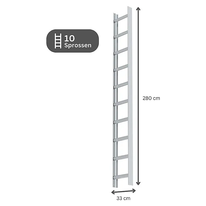 Proregal Dachleiter mit 10 Sprossen - Anzahl Tritte: 10 Stk., Belastbarkeit: 150 kg, Aluminium - Silberfarbene Leiter mit 10 Sprossen, 280 cm hoch und 33 cm breit.