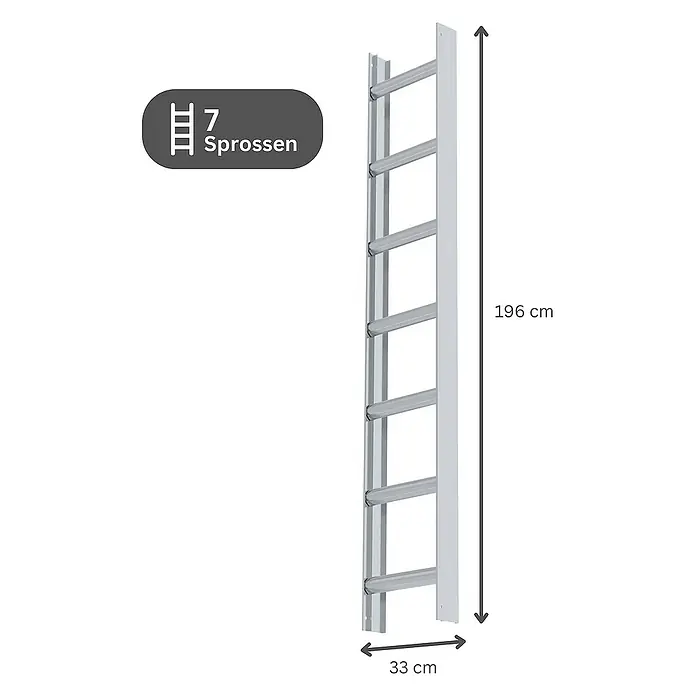 Proregal Dachleiter mit 7 Sprossen - Anzahl Tritte: 7 Stk., Belastbarkeit: 150 kg, Aluminium - Graue Metallleiter mit 7 Sprossen, 196 cm hoch und 33 cm breit.